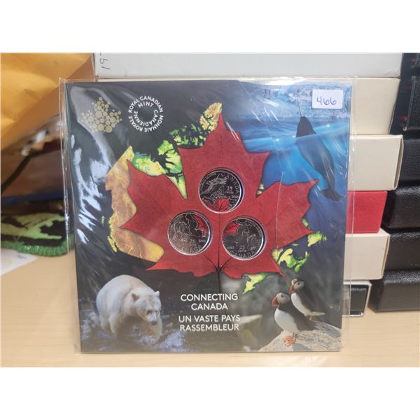 2020 Canada 'Connecting Canada' 25¢ (x3) colored Coin Set (Bear, Narwhal & Puffin)