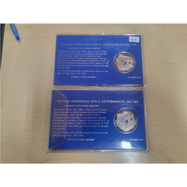 Lot of 2:  1975 Diefenbaker's 80th Birthday Commemorative Coin, Alberta Mint