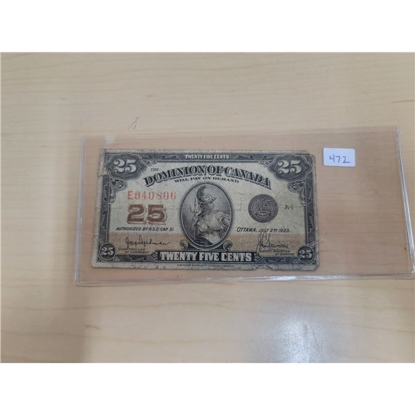 1923 Dominion of Canada 25¢ Shinplaster, Hyndman/Saunders (# E 040806)