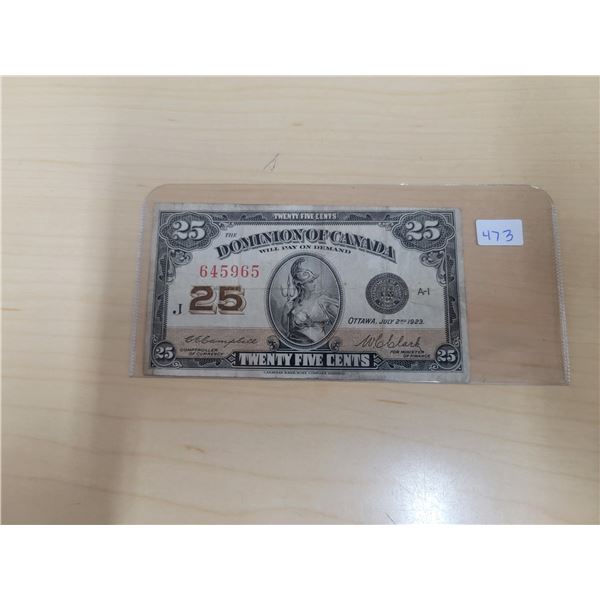 1923 Dominion of Canada 25¢ Shinplaster, Campbell/Clark (# 645965)