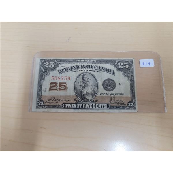 1923 Dominion of Canada 25¢ Shinplaster, McCavour/Saunders (# 508759)