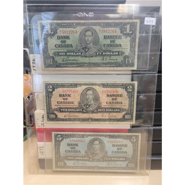 Lot of 3: 1937 Bank of Canada Gordon/Towers Banknotes $1 (#R/L 5912264), $2 (#O/B 4795490), $5 (#S/C