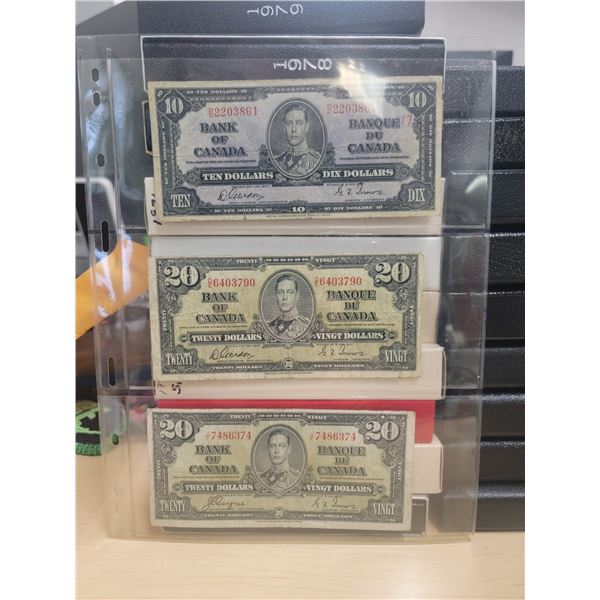 Lot of 3: Bank of Canada 1937 Notes:   Gordon/Towers $10 (#O/D 2203861) & $20 (#D/E 6403790), $20 Co