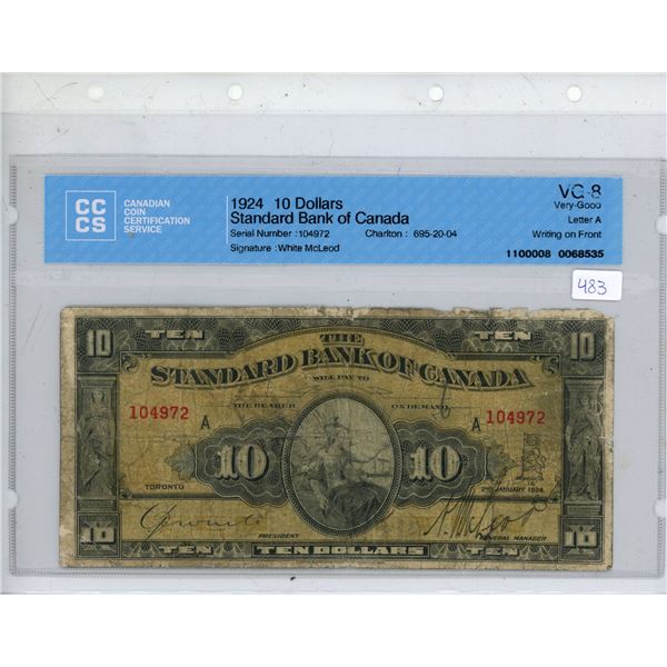 1924 CCCS Graded Standard Bank of Canada 10 Dollar Bill, White/McLeod, 104 VG-8