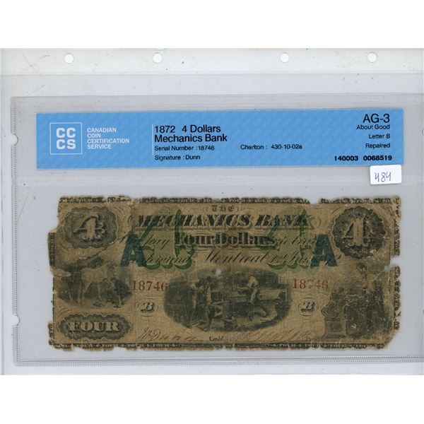1872 CCCS Graded Mechanics Bank 4 Dollar Bill, Dunn, AG-3