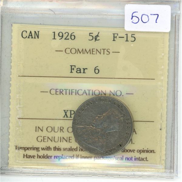 1926 Canadian ICCS Graded 5 Cetn Coin - F-15, Far 6