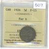 Image 1 : 1926 Canadian ICCS Graded 5 Cetn Coin - F-15, Far 6