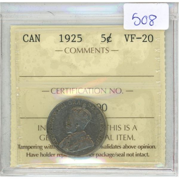 1925 Canadian ICCS Graded 5 Cent Coin - VF-20