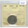 Image 1 : 1925 Canadian ICCS Graded 5 Cent Coin - VF-20