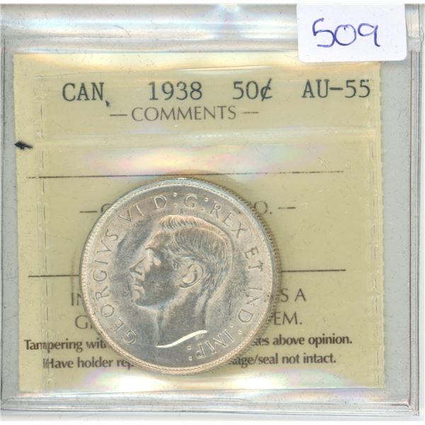 1938 Canadian ICCS Graded 50 Cent Coin - AU-55