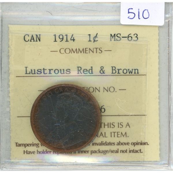 1914 Canadian ICCS Graded 1 Cent Coin - MS-63, Lustrous Red & Brown