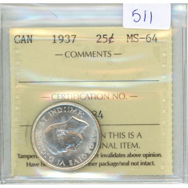 1937 Canadian ICCS Graded 25 Cent Coin - MS-64