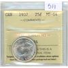 1937 Canadian ICCS Graded 25 Cent Coin - MS-64