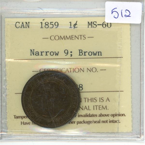 1859 Canadian ICCS Graded 1 Cent Coin - MS-60, Narrow 9; Brown