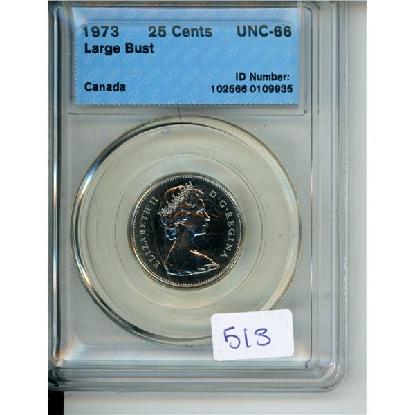 1973 Canadian CCCS Graded 25 Cent Coin - UNC-66, Large Bust