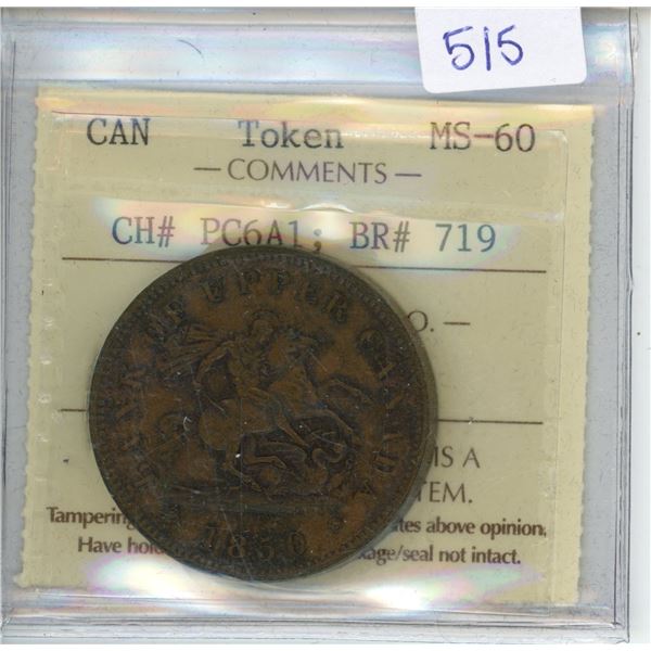 1850 Canadian ICCS Token - MS-60, CH# PC6A1; BR# 719