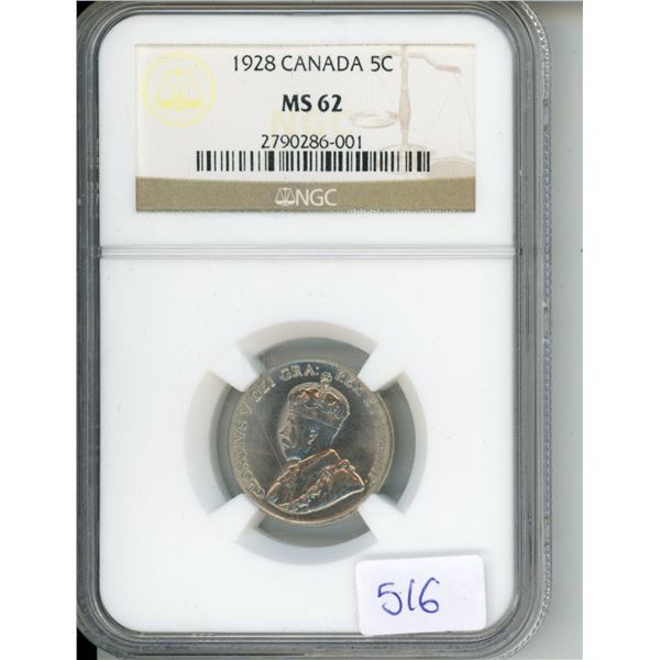 1928 Canadian NGC Graded 5 Cent Coin - MS-62