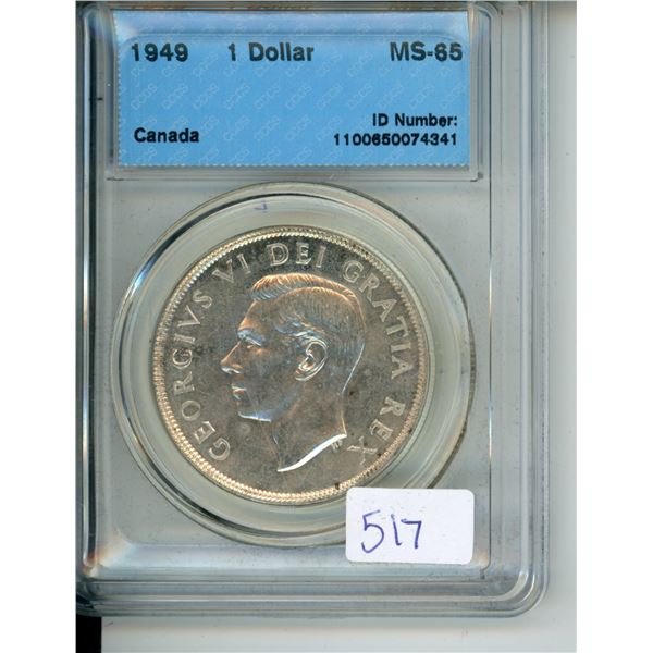 1949 Canadian CCCS Graded 1 Dollar Coin - MS-65