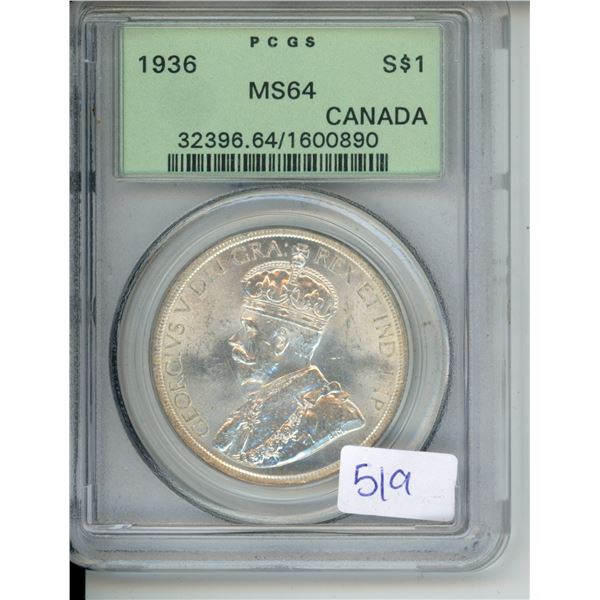 1936 Canadian PCGS Graded Silver 1 Dollar Coin - MS-64
