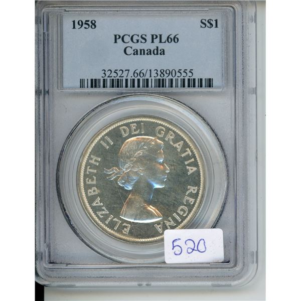 1958 Canadian PCGS Silver 1 Dollar Coin - PL-66