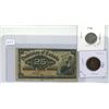 Image 1 : 1900 Canadian Shinplaster and 1950 Canadian 5 Cents and 1966 Canadian 1 Cents.