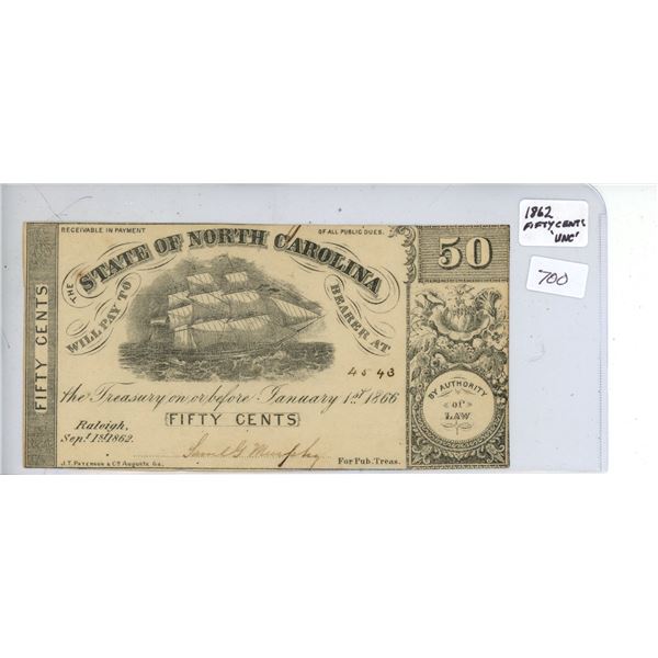 1862 state of north carolina fifty cent note