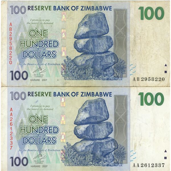 2 2007 zimbabwe $100 bill