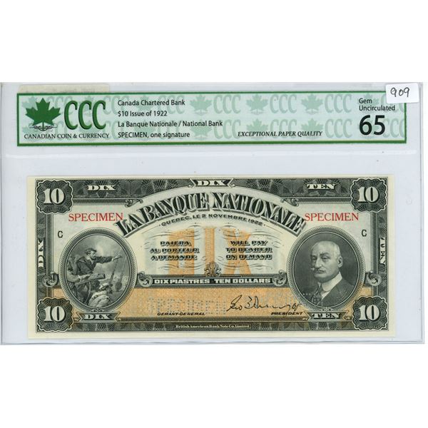 1922 $10 issue Quebec National bank Specimen bill - CCC graded, Gem UNC 65