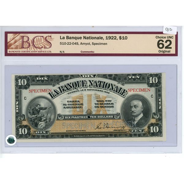 1922 $10 issue Quebec National bank Specimen bill - BCS graded, Choice UNC 62