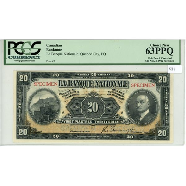 1922 $20 issue Quebec National bank Specimen bill - PCGS graded, Choice New 63PPQ