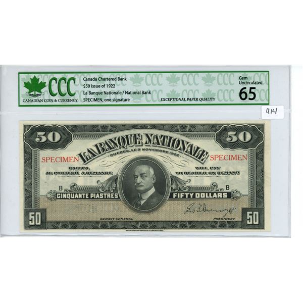 1922 $50 issue Quebec National bank Specimen bill - CCC graded, Gem UNC 65
