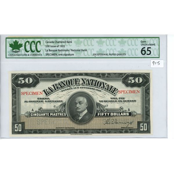 1922 $50 issue Quebec National bank Specimen bill - CCC graded, Gem UNC 65