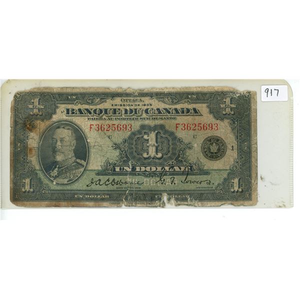 1935 Bank of Canada rare French $1 bill
