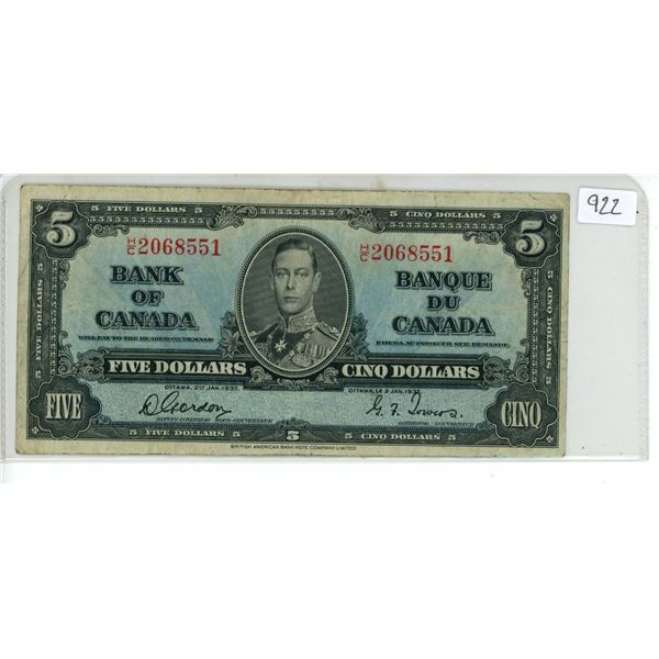1937 Bank of Canada $5 bill