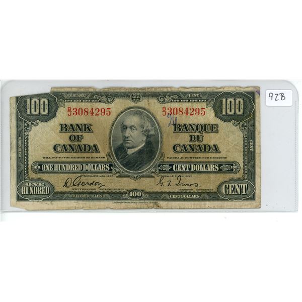 1937 Bank of Canada $100 bill
