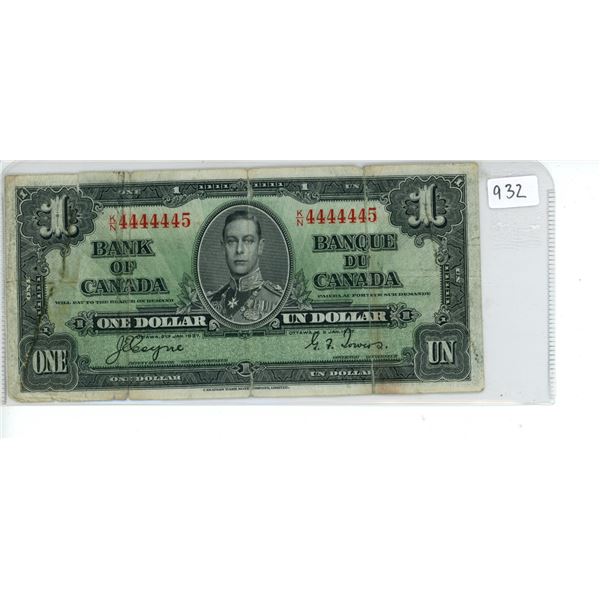 1937 Bank of Canada $1 bill - Radar Serial #
