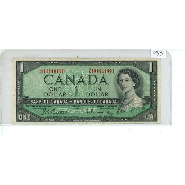 1954 Canadian $1 Bill - Radar Serial #