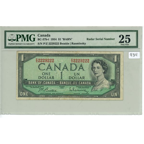 1954 Canadian $1 Bill - PMG Graded, Radar Serial #, VF25, "BABN"