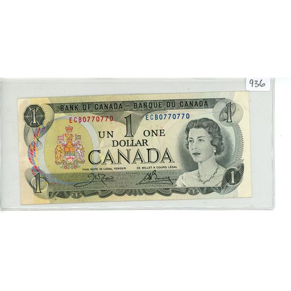 1973 Canadian $1 bill - Radar Serial #