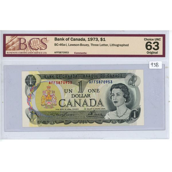 1973 Canadian $1 Bill - BCS Graded, Three Letter, Lithographed, Choice UNC 63