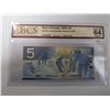 Image 1 : 2002 Canadian $5 Bill - BCS Graded, 3 digit Radar Serial #, Choice UNC 64