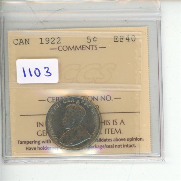 1922 ICCS Graded - Canadian Five Cent - EF40
