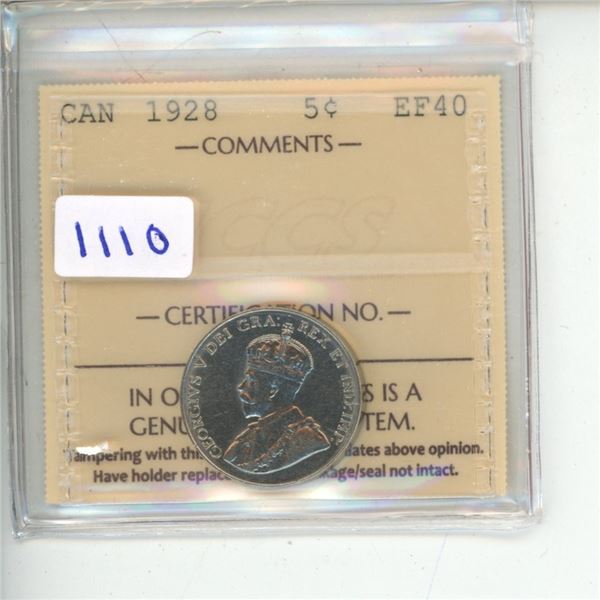 1928 ICCS Graded - Canadian Five Cent - EF40