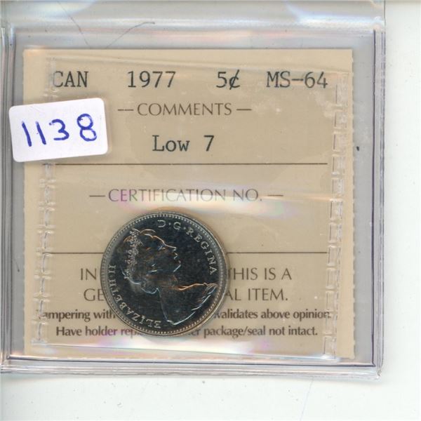 1977 ICCS Graded - Canadian Five Cent - Low 7 - MS64