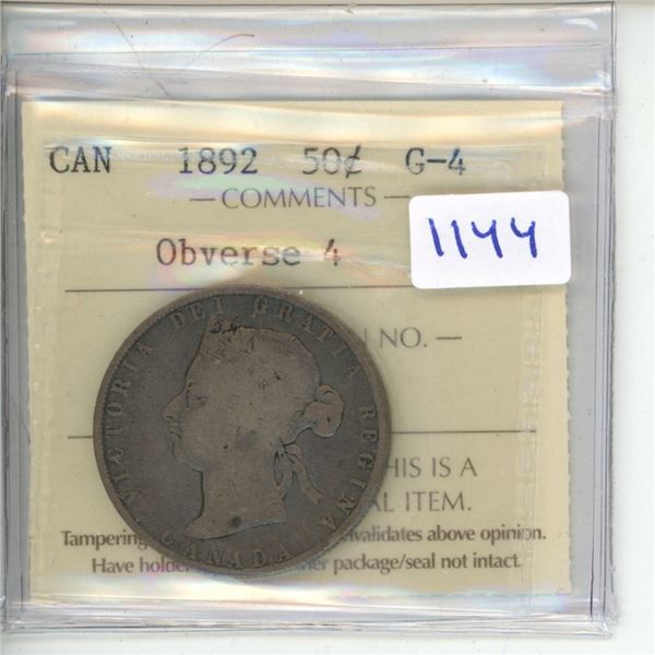 1892 ICCS Graded - Canadian Fifty Cent - Obv4 - G4