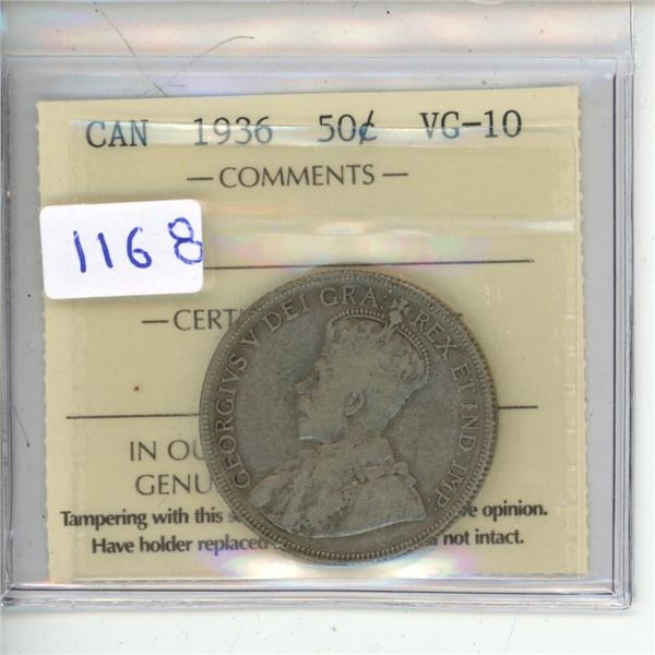 1936 ICCS Graded - Canadian Fifty Cent - VG10