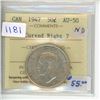 Image 1 : 1947 ICCS Graded - Canadian Fifty Cent - Curved Right - AU50