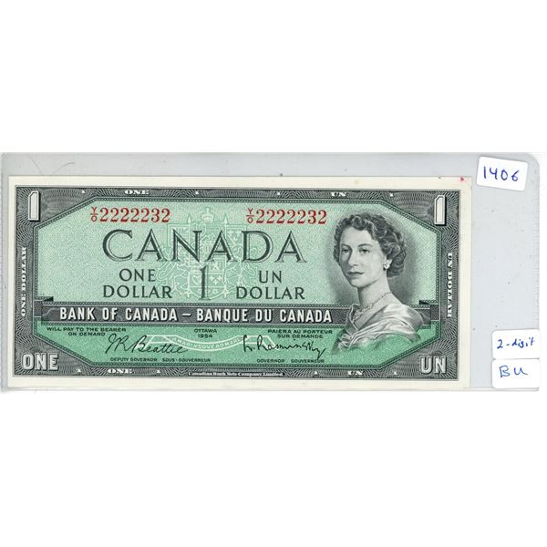 1954 Bank of Canada - One Dollar Bank Note - Uncirculated - 2 digit