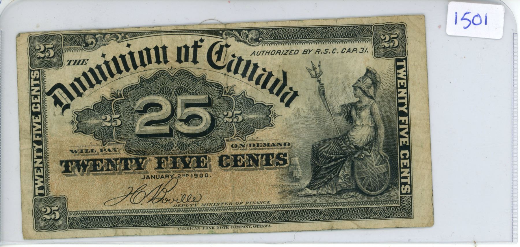 Shinplaster Coin 1900 Dominion of Canada 25¢ Shinplaster, Boville - Schmalz Auctions