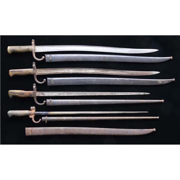 4 FRENCH BAYONETS & 1 SCABBARD.